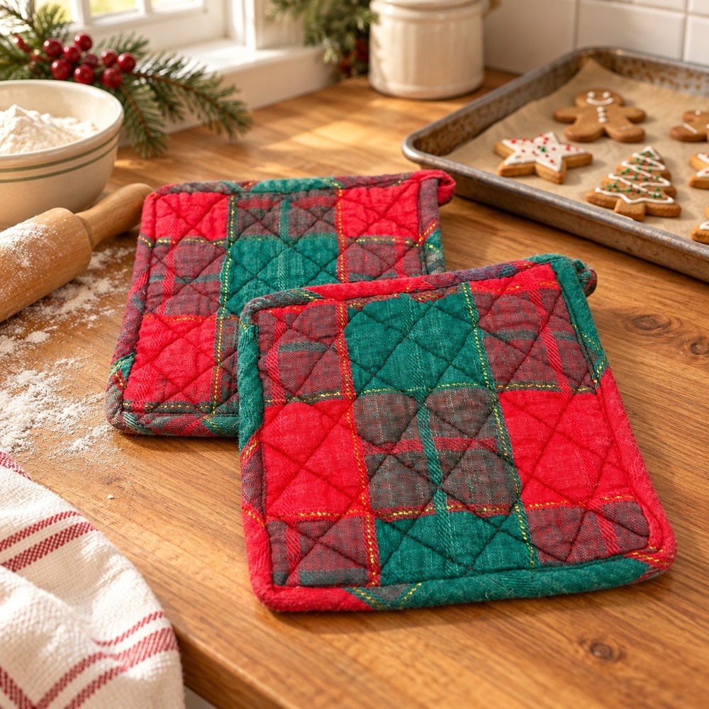 Vtg Red Green Tartan Plaid Quilted Pot Holders Set of 2 Christmas Hot Pads